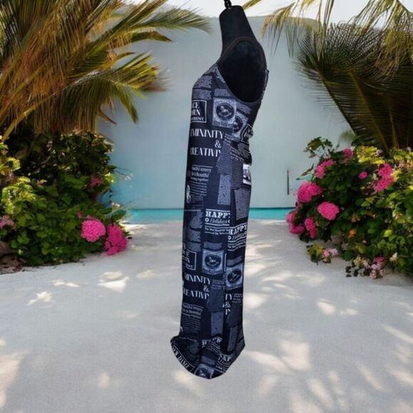 Mulvari Black & White Newspaper Print Bodycon Spaghetti Strap Maxi Dress XL! - Picture 4 of 15